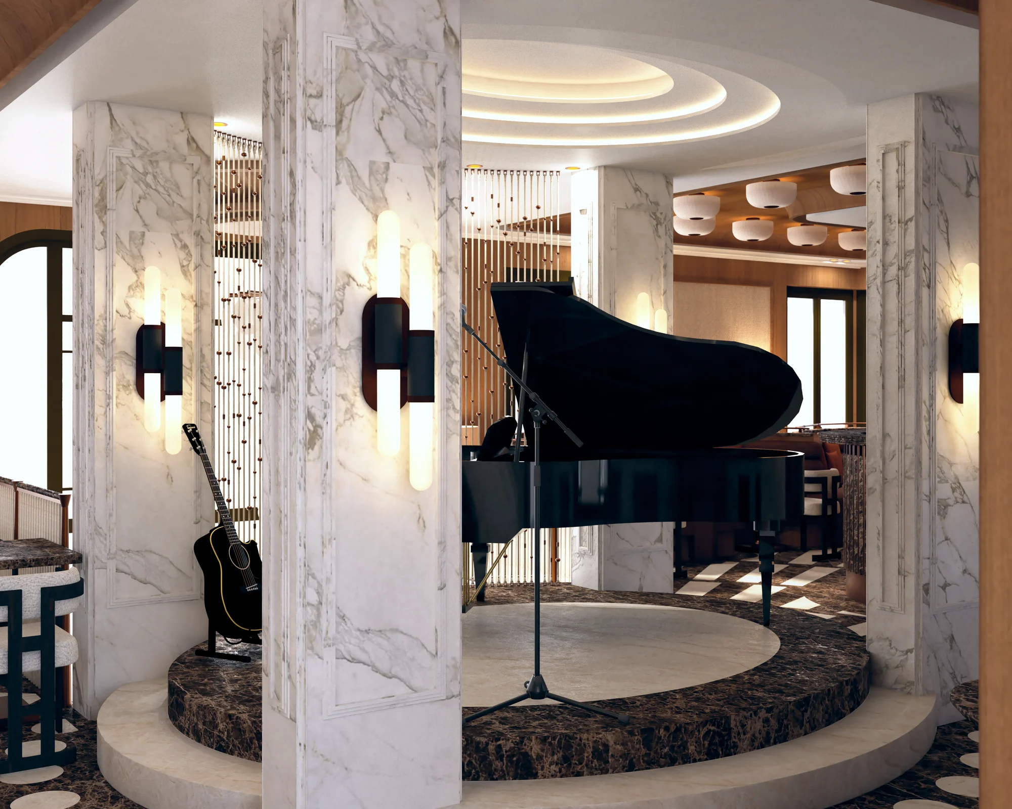 Hôtel La Note — La scène et le piano